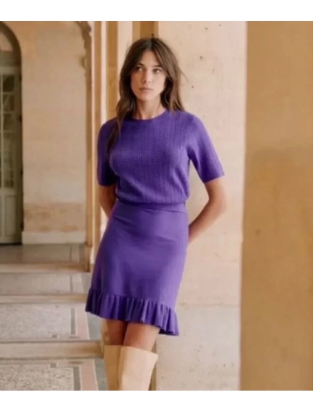 Sezane Sinia Knitted Mini Dress Bright Purple Pointelle Size Large